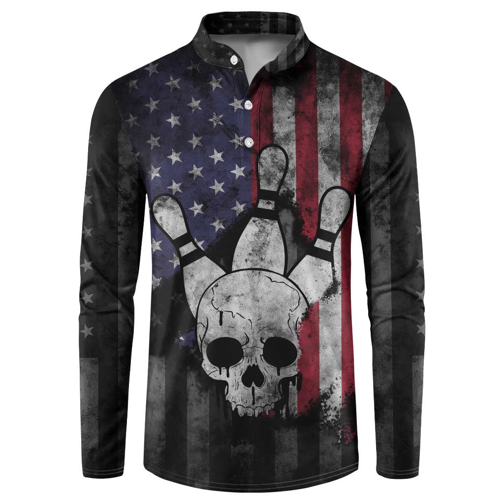 Personalized Skull Bowling Button Sweatshirt Distressed American Flag in Dark Grunge Design - Wonder Print Shop