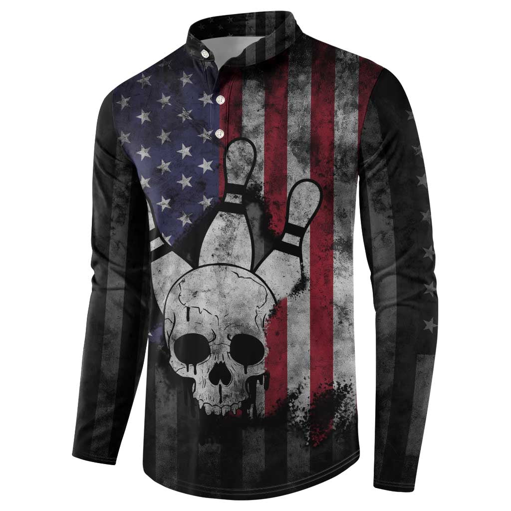Personalized Skull Bowling Button Sweatshirt Distressed American Flag in Dark Grunge Design - Wonder Print Shop