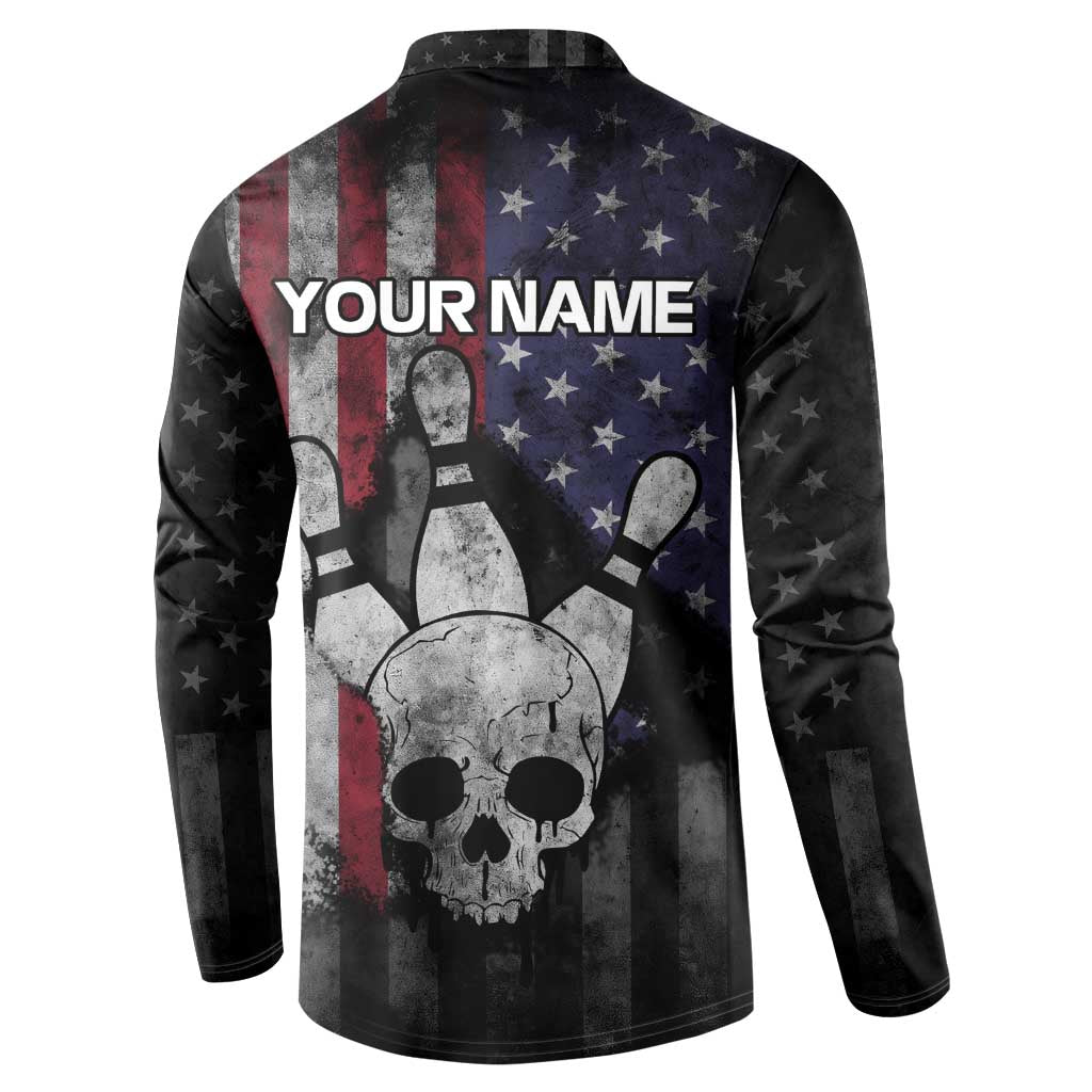 Personalized Skull Bowling Button Sweatshirt Distressed American Flag in Dark Grunge Design - Wonder Print Shop