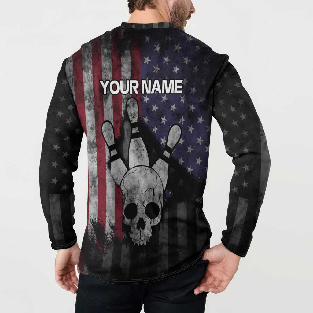 Personalized Skull Bowling Button Sweatshirt Distressed American Flag in Dark Grunge Design - Wonder Print Shop