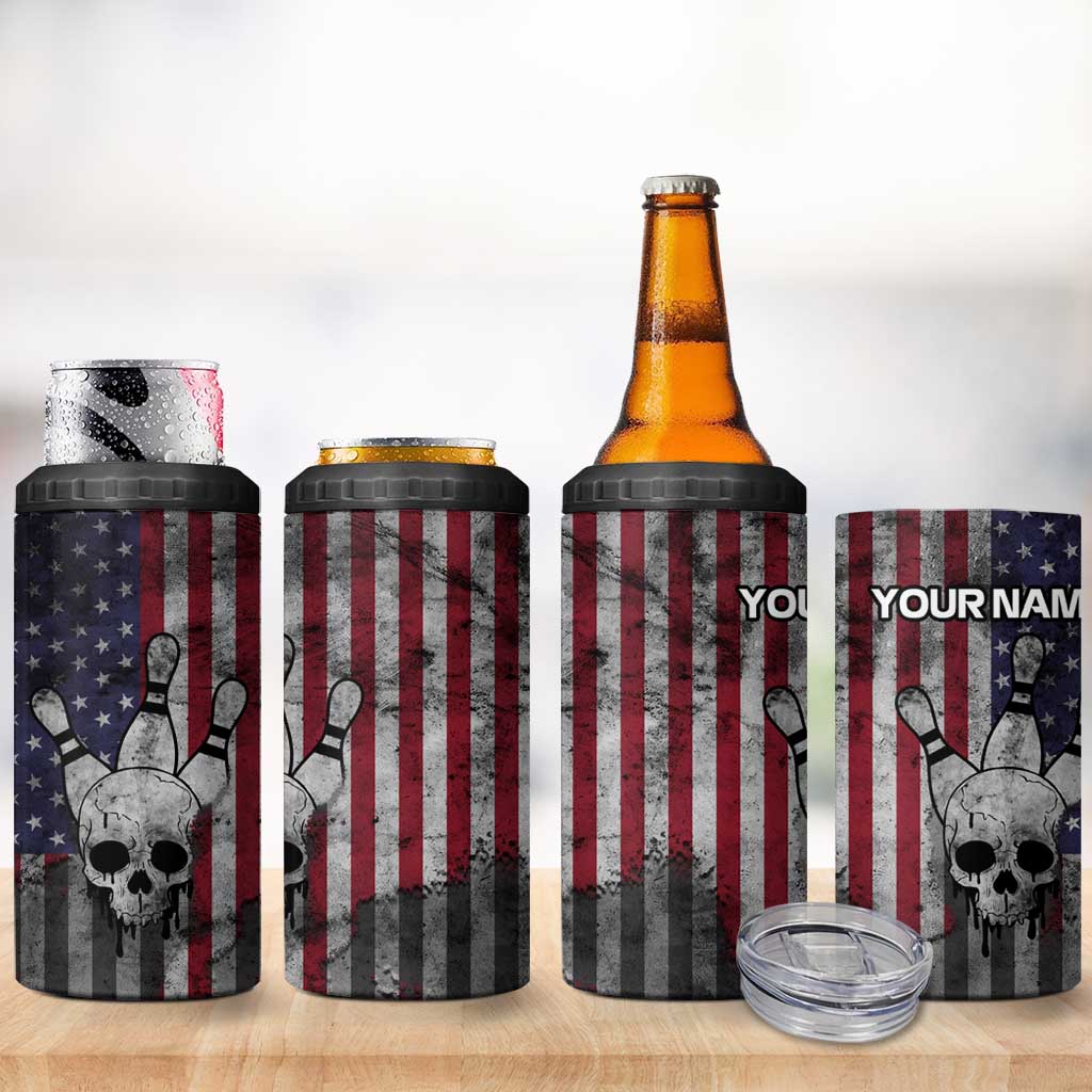 Personalized Skull Bowling 4 in 1 Can Cooler Tumbler Distressed American Flag in Dark Grunge Design - Wonder Print Shop