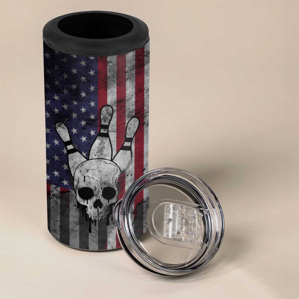 Personalized Skull Bowling 4 in 1 Can Cooler Tumbler Distressed American Flag in Dark Grunge Design - Wonder Print Shop