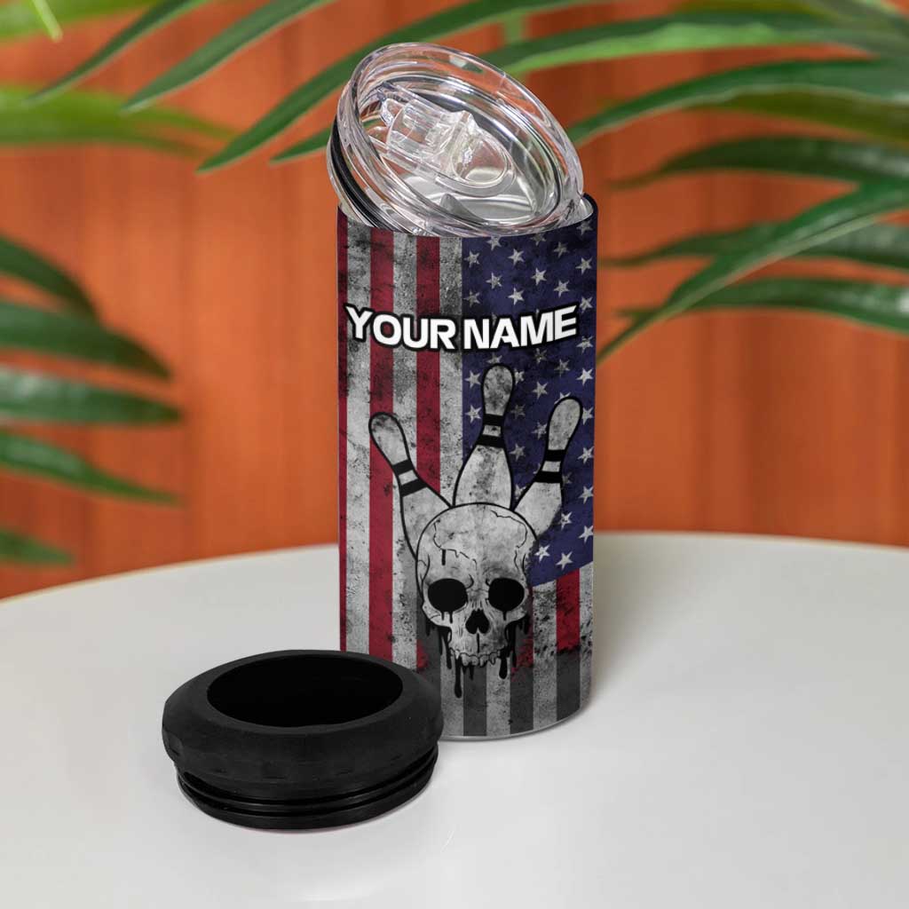 Personalized Skull Bowling 4 in 1 Can Cooler Tumbler Distressed American Flag in Dark Grunge Design - Wonder Print Shop
