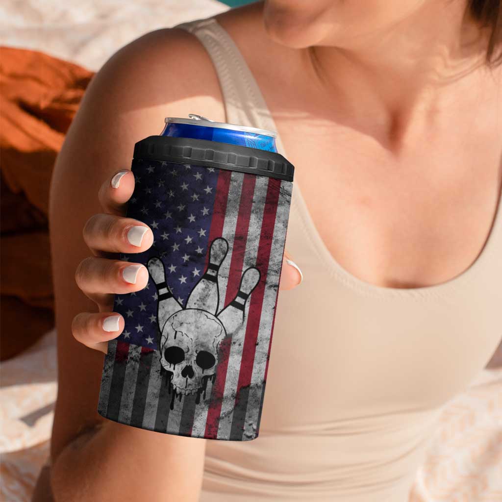 Personalized Skull Bowling 4 in 1 Can Cooler Tumbler Distressed American Flag in Dark Grunge Design - Wonder Print Shop