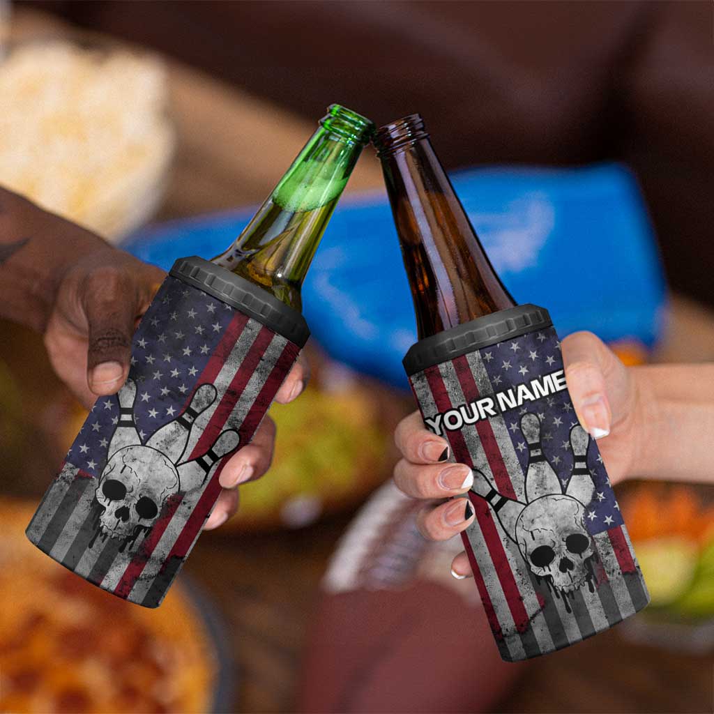 Personalized Skull Bowling 4 in 1 Can Cooler Tumbler Distressed American Flag in Dark Grunge Design - Wonder Print Shop