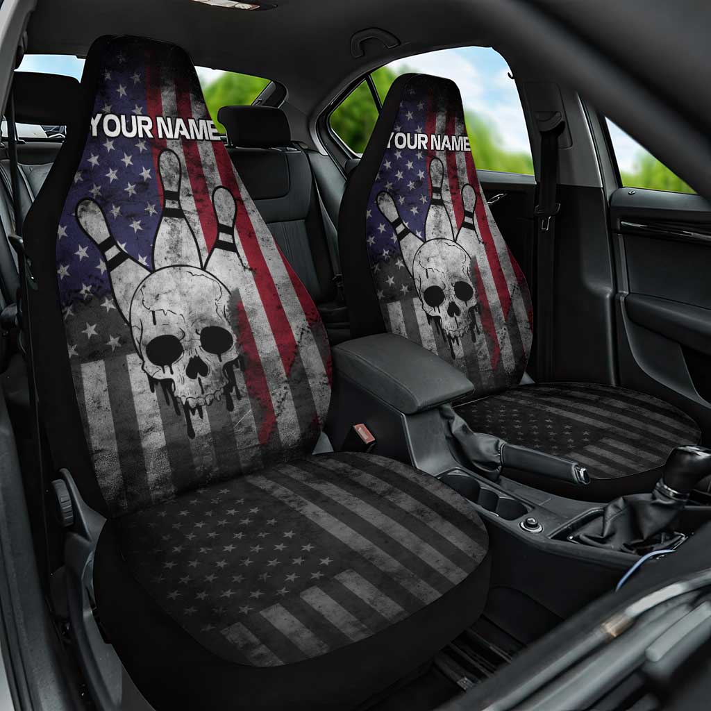 Personalized Skull Bowling Car Seat Cover Distressed American Flag in Dark Grunge Design - Wonder Print Shop