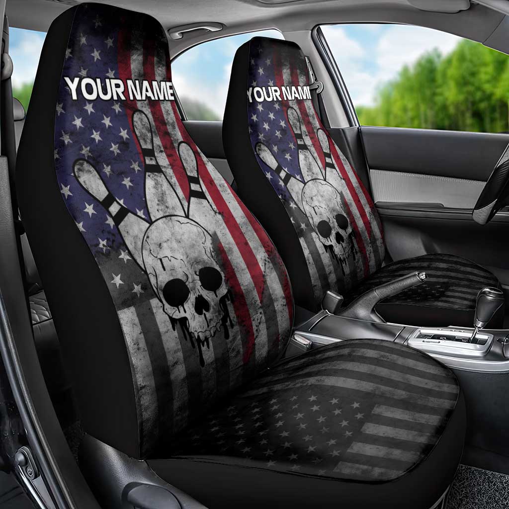 Personalized Skull Bowling Car Seat Cover Distressed American Flag in Dark Grunge Design - Wonder Print Shop