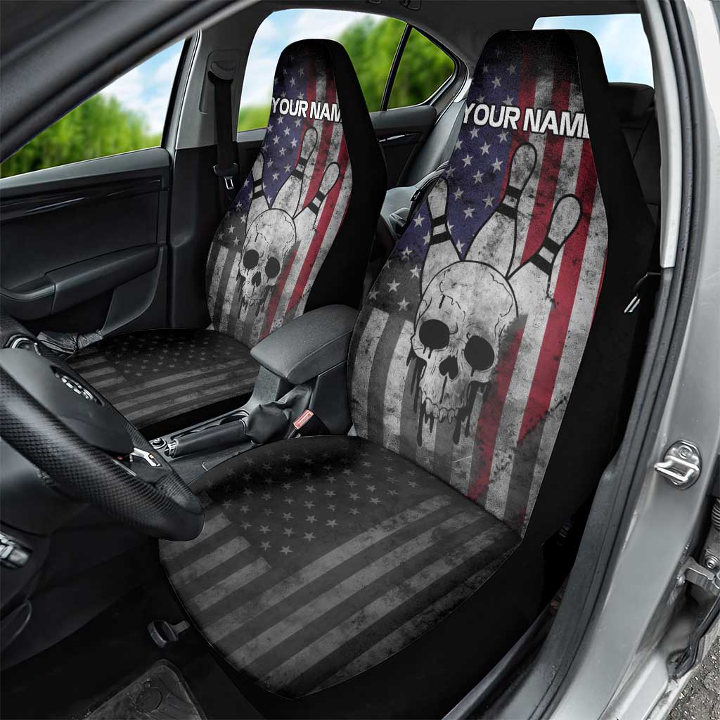 Personalized Skull Bowling Car Seat Cover Distressed American Flag in Dark Grunge Design - Wonder Print Shop