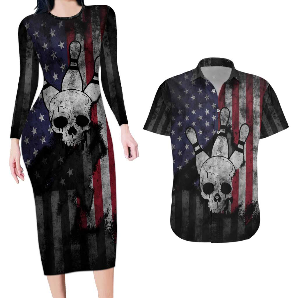 Personalized Skull Bowling Couples Matching Long Sleeve Bodycon Dress and Hawaiian Shirt Distressed American Flag in Dark Grunge Design - Wonder Print Shop
