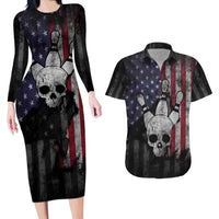 Personalized Skull Bowling Couples Matching Long Sleeve Bodycon Dress and Hawaiian Shirt Distressed American Flag in Dark Grunge Design - Wonder Print Shop