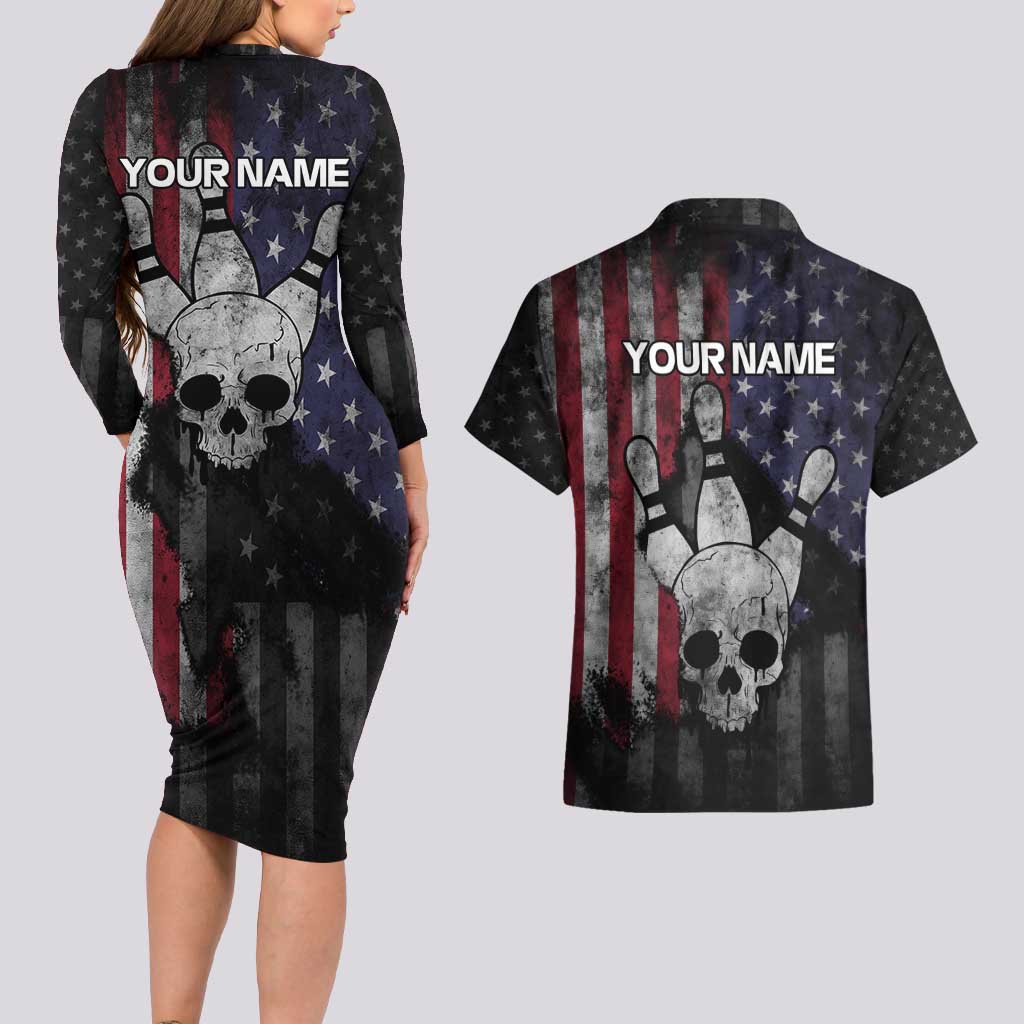 Personalized Skull Bowling Couples Matching Long Sleeve Bodycon Dress and Hawaiian Shirt Distressed American Flag in Dark Grunge Design - Wonder Print Shop