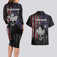 Personalized Skull Bowling Couples Matching Long Sleeve Bodycon Dress and Hawaiian Shirt Distressed American Flag in Dark Grunge Design - Wonder Print Shop