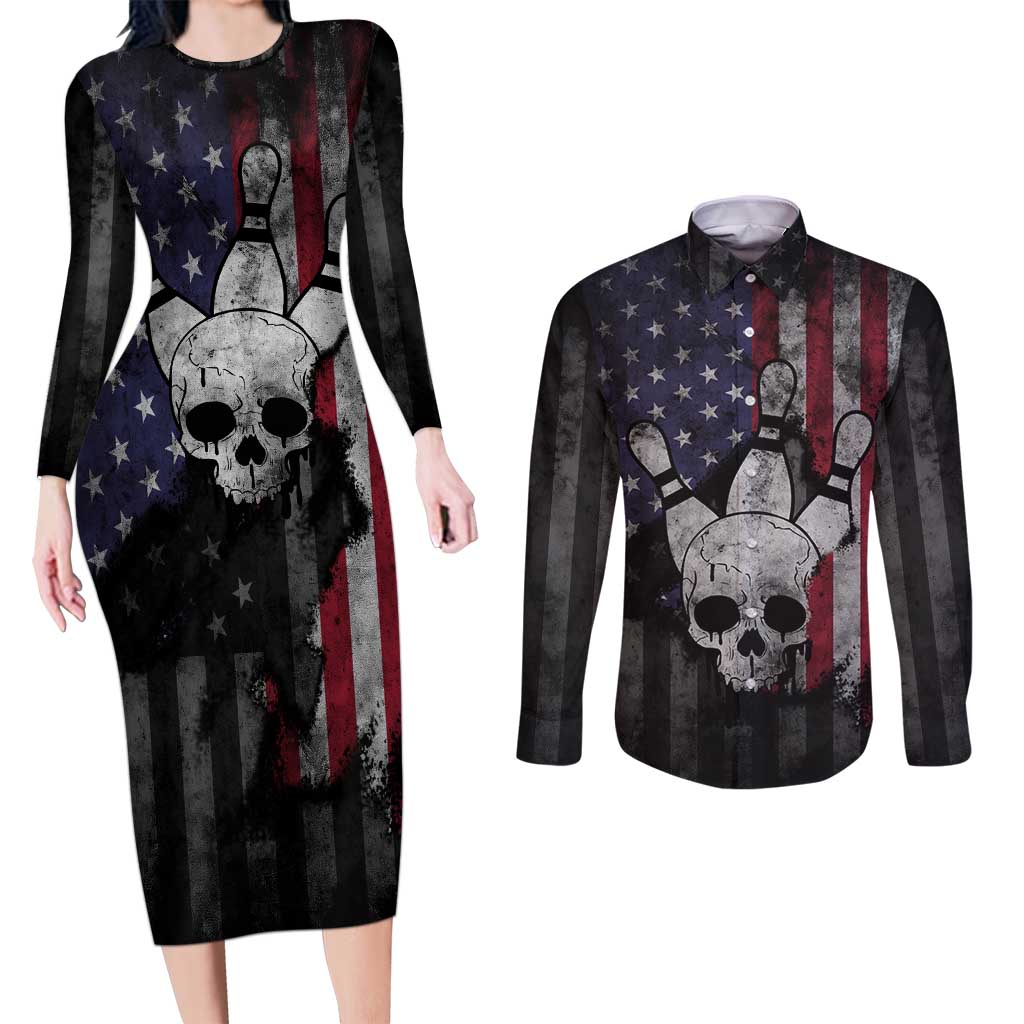 Personalized Skull Bowling Couples Matching Long Sleeve Bodycon Dress and Long Sleeve Button Shirt Distressed American Flag in Dark Grunge Design - Wonder Print Shop