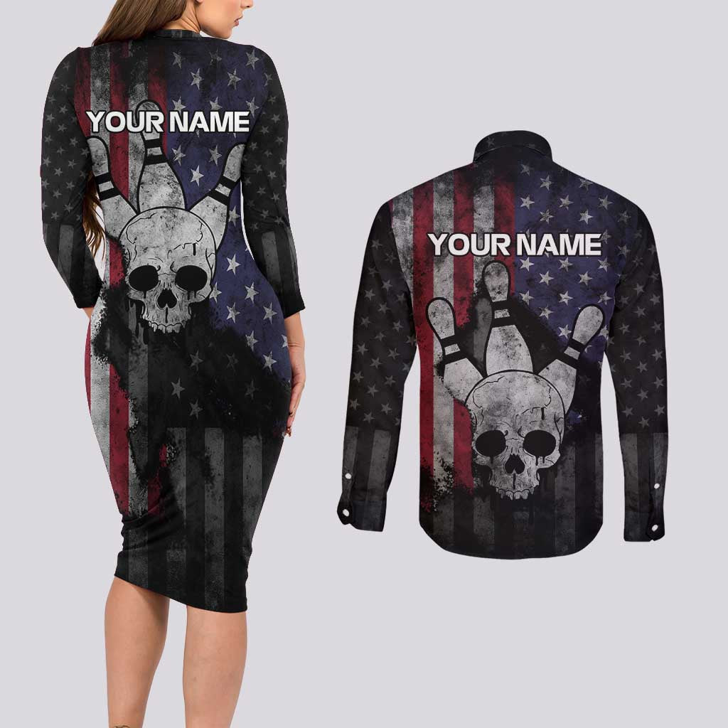 Personalized Skull Bowling Couples Matching Long Sleeve Bodycon Dress and Long Sleeve Button Shirt Distressed American Flag in Dark Grunge Design - Wonder Print Shop