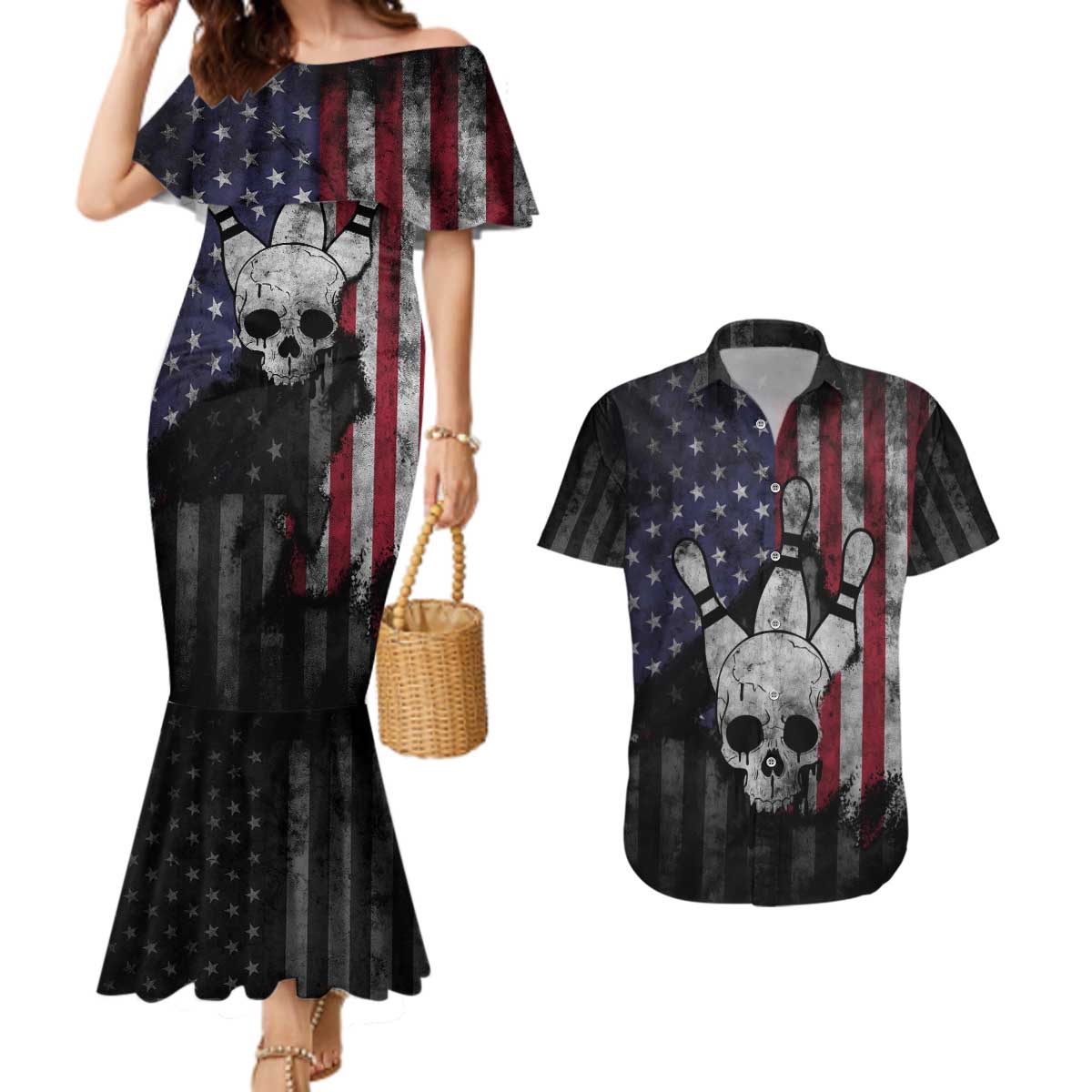 Personalized Skull Bowling Couples Matching Mermaid Dress and Hawaiian Shirt Distressed American Flag in Dark Grunge Design - Wonder Print Shop