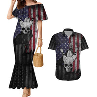 Personalized Skull Bowling Couples Matching Mermaid Dress and Hawaiian Shirt Distressed American Flag in Dark Grunge Design - Wonder Print Shop