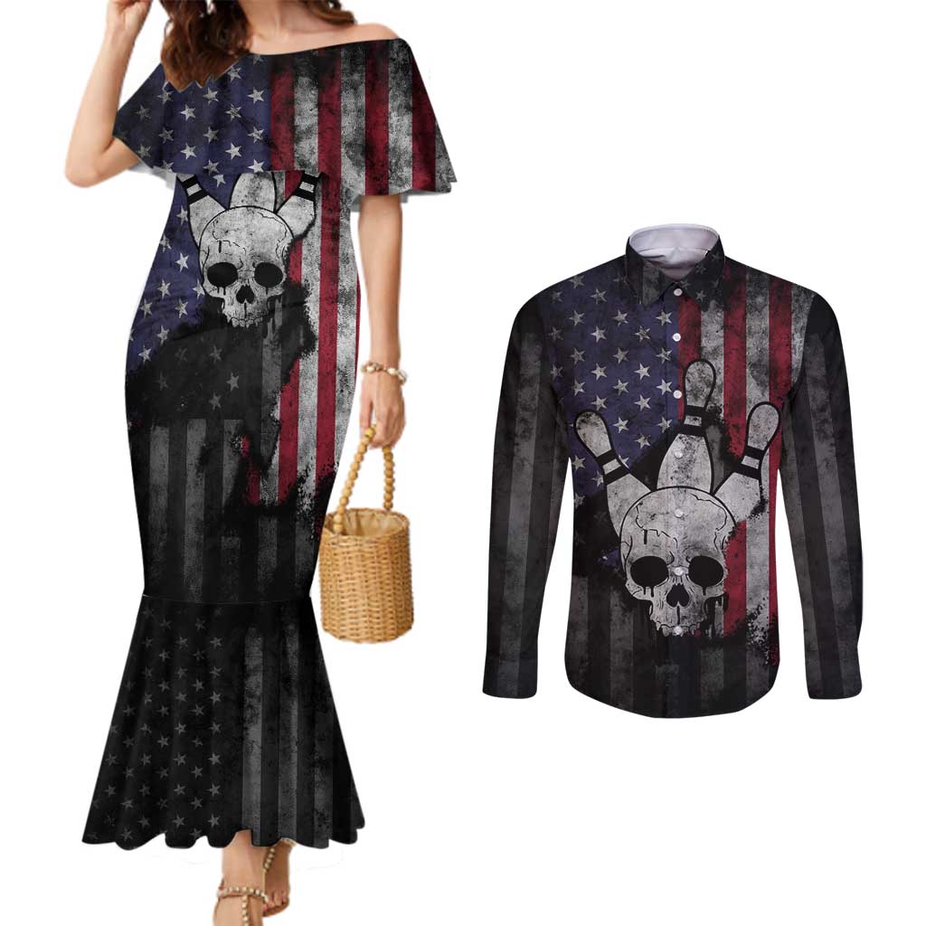Personalized Skull Bowling Couples Matching Mermaid Dress and Long Sleeve Button Shirt Distressed American Flag in Dark Grunge Design - Wonder Print Shop