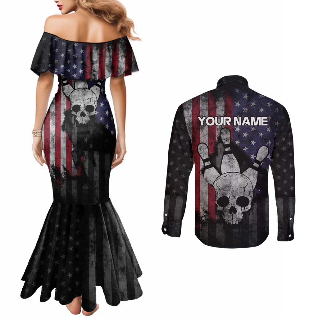 Personalized Skull Bowling Couples Matching Mermaid Dress and Long Sleeve Button Shirt Distressed American Flag in Dark Grunge Design - Wonder Print Shop