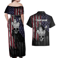 Personalized Skull Bowling Couples Matching Off Shoulder Maxi Dress and Hawaiian Shirt Distressed American Flag in Dark Grunge Design - Wonder Print Shop