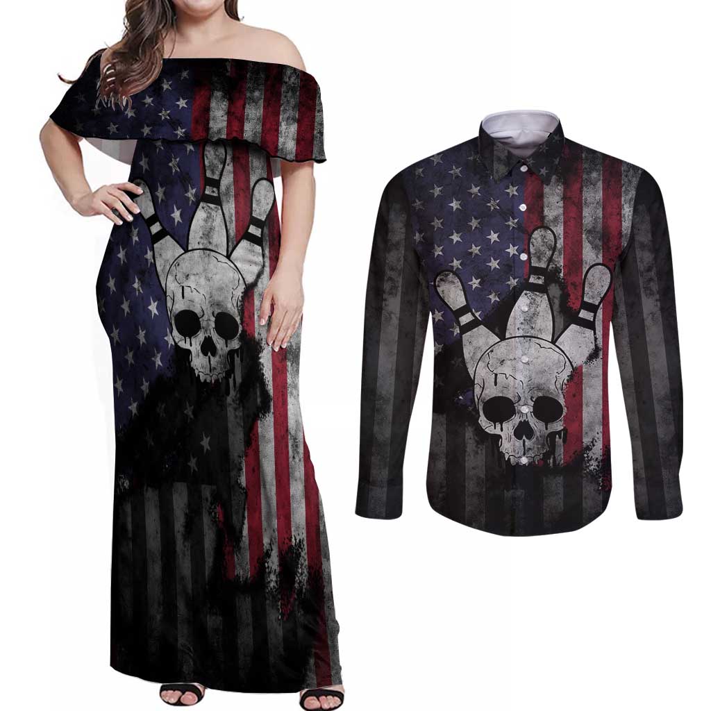 Personalized Skull Bowling Couples Matching Off Shoulder Maxi Dress and Long Sleeve Button Shirt Distressed American Flag in Dark Grunge Design - Wonder Print Shop