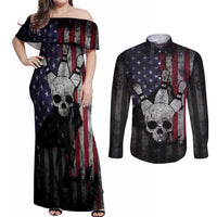 Personalized Skull Bowling Couples Matching Off Shoulder Maxi Dress and Long Sleeve Button Shirt Distressed American Flag in Dark Grunge Design - Wonder Print Shop