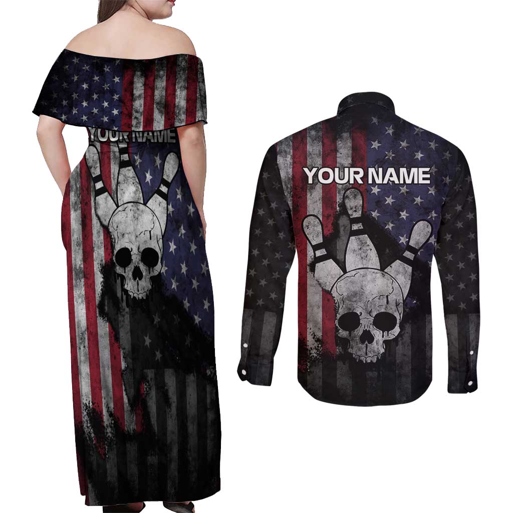 Personalized Skull Bowling Couples Matching Off Shoulder Maxi Dress and Long Sleeve Button Shirt Distressed American Flag in Dark Grunge Design - Wonder Print Shop