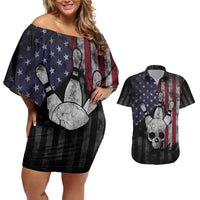 Personalized Skull Bowling Couples Matching Off Shoulder Short Dress and Hawaiian Shirt Distressed American Flag in Dark Grunge Design - Wonder Print Shop