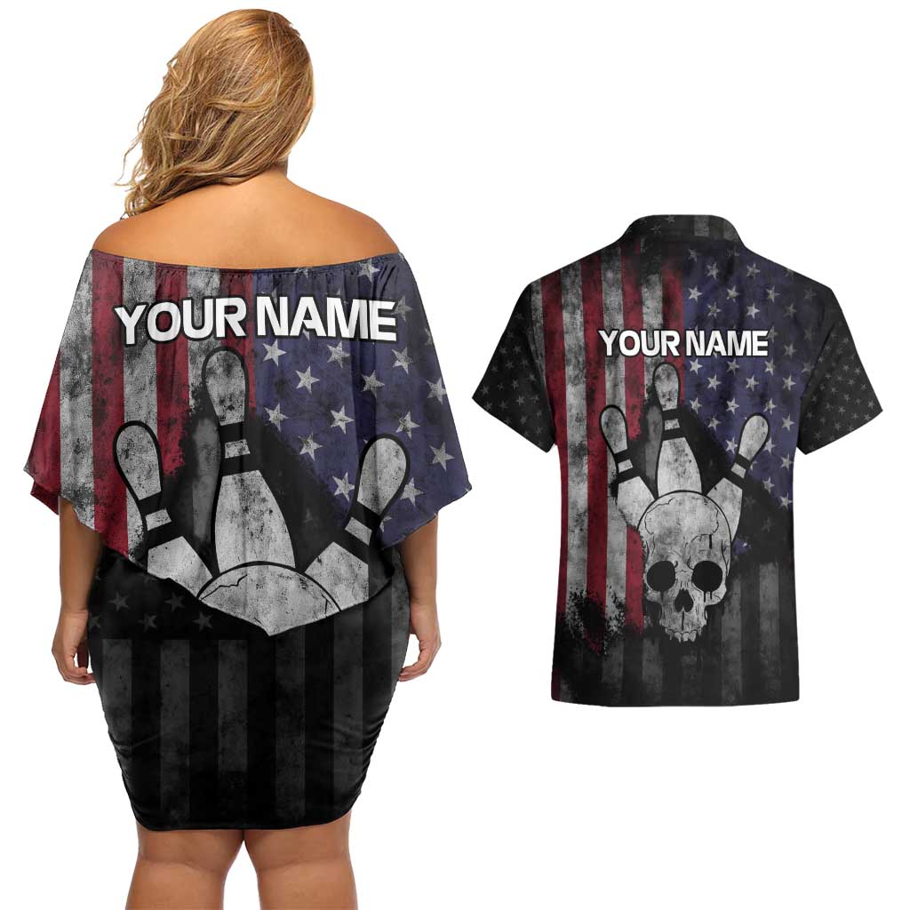 Personalized Skull Bowling Couples Matching Off Shoulder Short Dress and Hawaiian Shirt Distressed American Flag in Dark Grunge Design - Wonder Print Shop