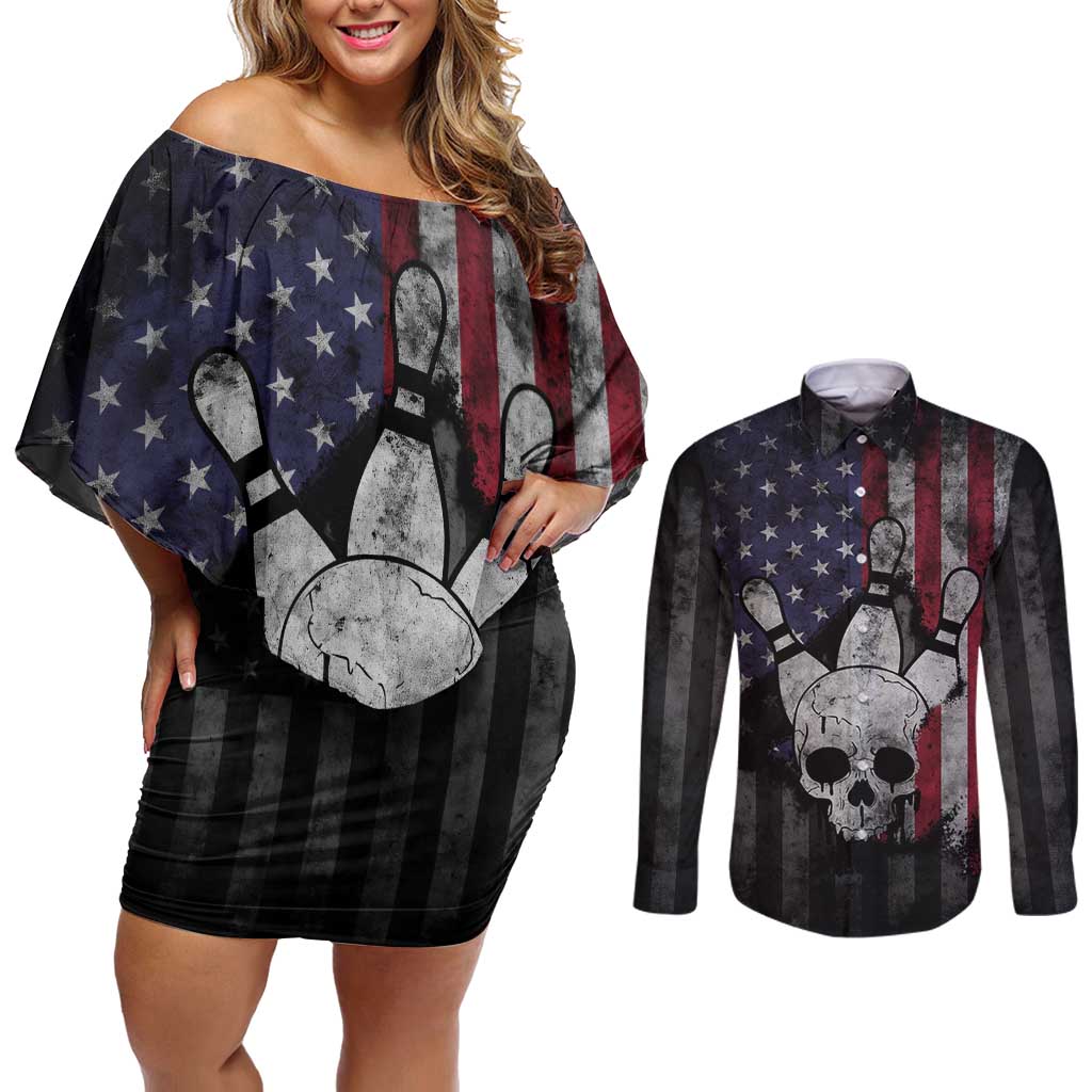 Personalized Skull Bowling Couples Matching Off Shoulder Short Dress and Long Sleeve Button Shirt Distressed American Flag in Dark Grunge Design - Wonder Print Shop
