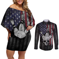 Personalized Skull Bowling Couples Matching Off Shoulder Short Dress and Long Sleeve Button Shirt Distressed American Flag in Dark Grunge Design - Wonder Print Shop
