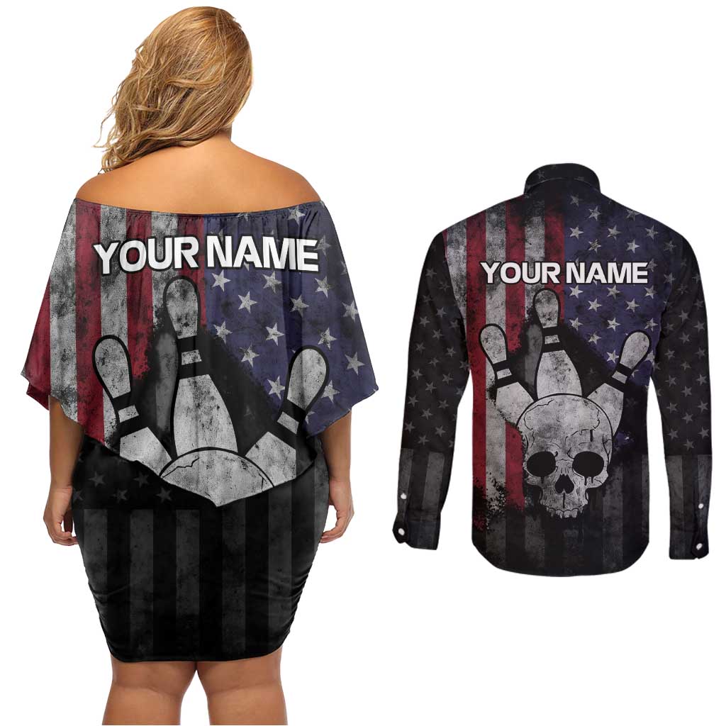 Personalized Skull Bowling Couples Matching Off Shoulder Short Dress and Long Sleeve Button Shirt Distressed American Flag in Dark Grunge Design - Wonder Print Shop