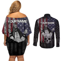 Personalized Skull Bowling Couples Matching Off Shoulder Short Dress and Long Sleeve Button Shirt Distressed American Flag in Dark Grunge Design - Wonder Print Shop