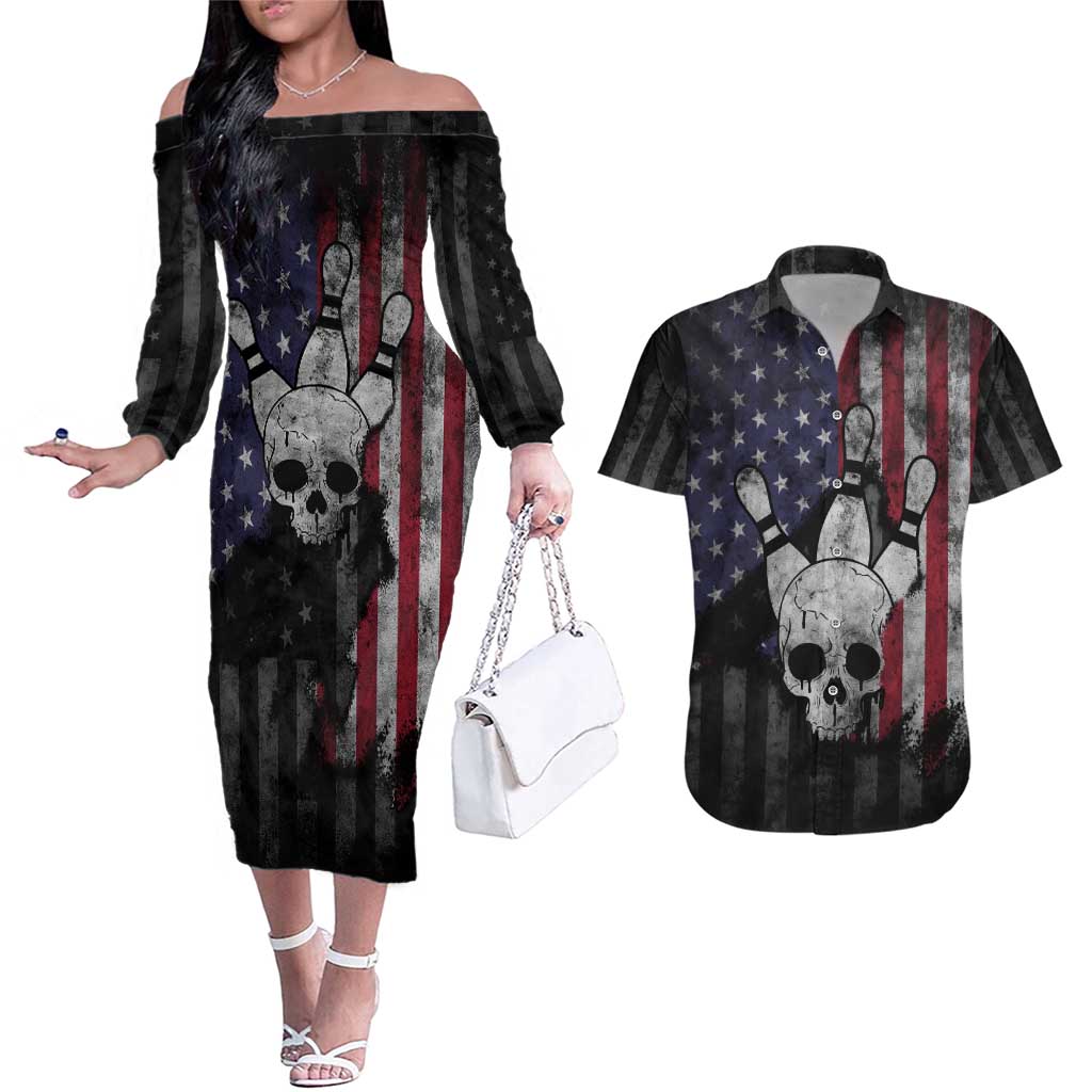 Personalized Skull Bowling Couples Matching Off The Shoulder Long Sleeve Dress and Hawaiian Shirt Distressed American Flag in Dark Grunge Design - Wonder Print Shop