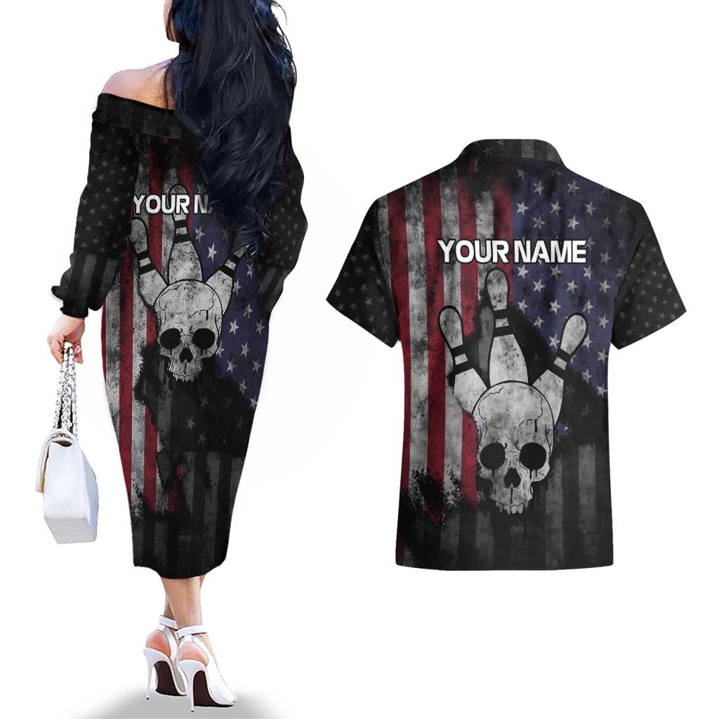 Personalized Skull Bowling Couples Matching Off The Shoulder Long Sleeve Dress and Hawaiian Shirt Distressed American Flag in Dark Grunge Design - Wonder Print Shop