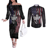 Personalized Skull Bowling Couples Matching Off The Shoulder Long Sleeve Dress and Long Sleeve Button Shirt Distressed American Flag in Dark Grunge Design - Wonder Print Shop