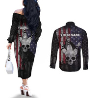 Personalized Skull Bowling Couples Matching Off The Shoulder Long Sleeve Dress and Long Sleeve Button Shirt Distressed American Flag in Dark Grunge Design - Wonder Print Shop