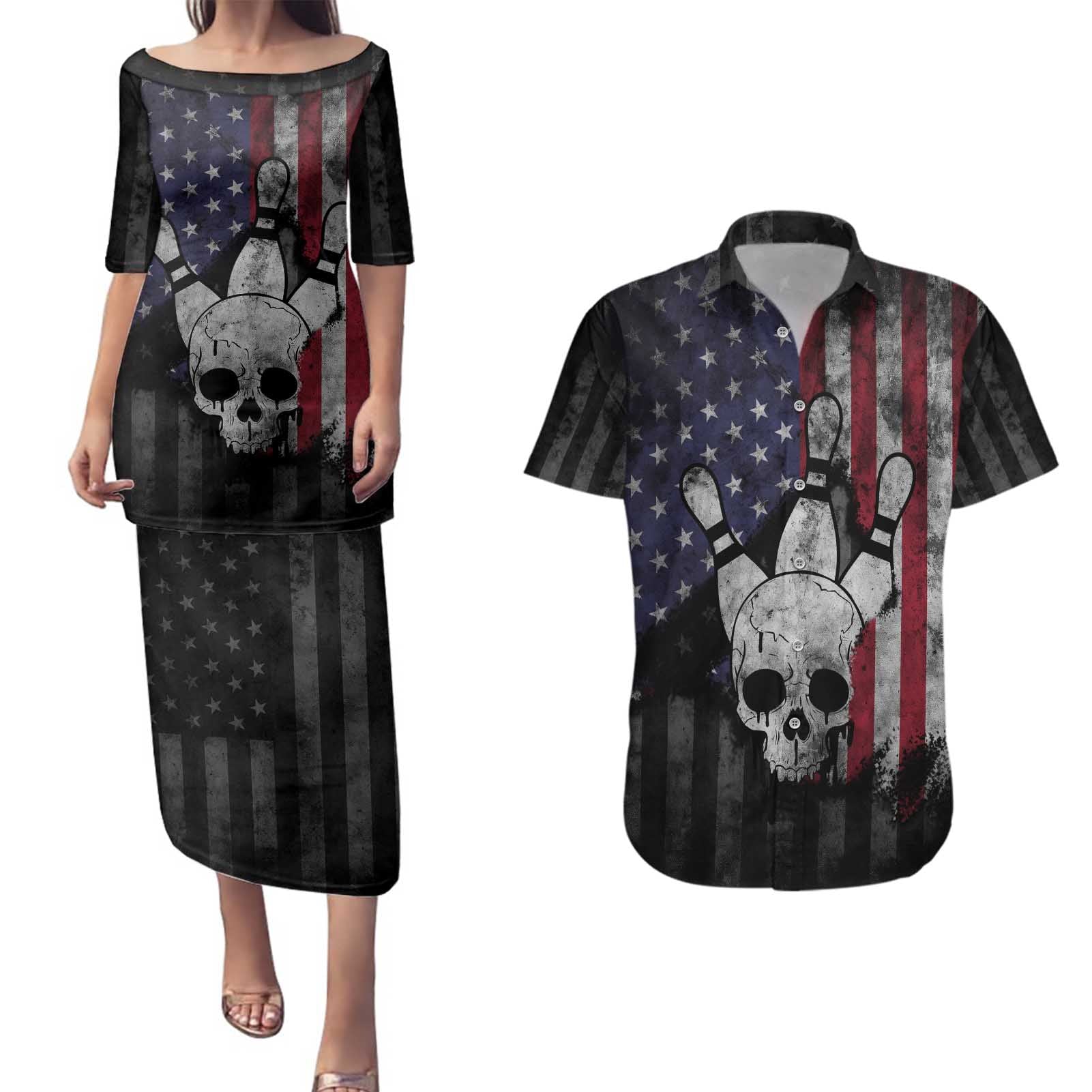 Personalized Skull Bowling Couples Matching Puletasi and Hawaiian Shirt Distressed American Flag in Dark Grunge Design - Wonder Print Shop