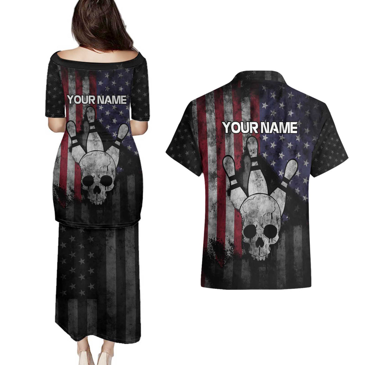 Personalized Skull Bowling Couples Matching Puletasi and Hawaiian Shirt Distressed American Flag in Dark Grunge Design - Wonder Print Shop