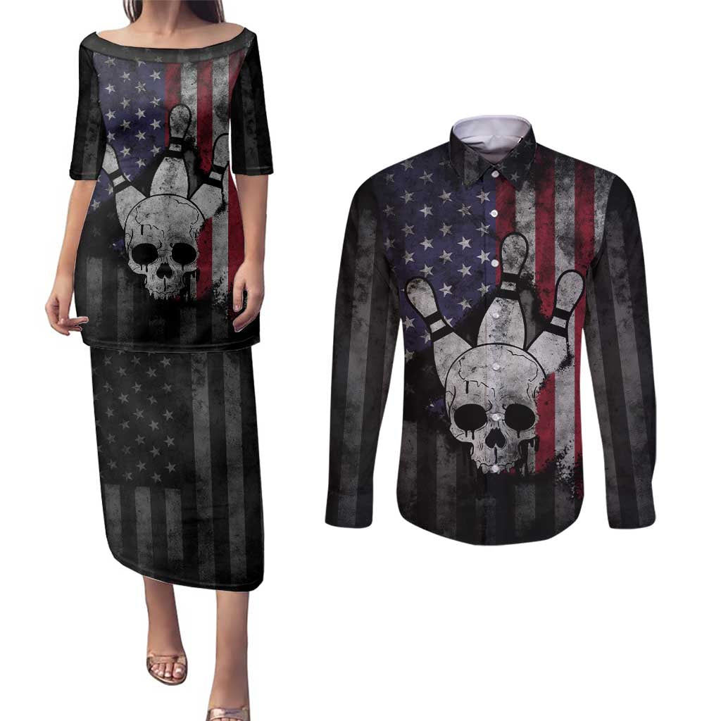 Personalized Skull Bowling Couples Matching Puletasi and Long Sleeve Button Shirt Distressed American Flag in Dark Grunge Design - Wonder Print Shop