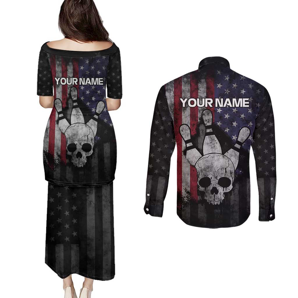 Personalized Skull Bowling Couples Matching Puletasi and Long Sleeve Button Shirt Distressed American Flag in Dark Grunge Design - Wonder Print Shop