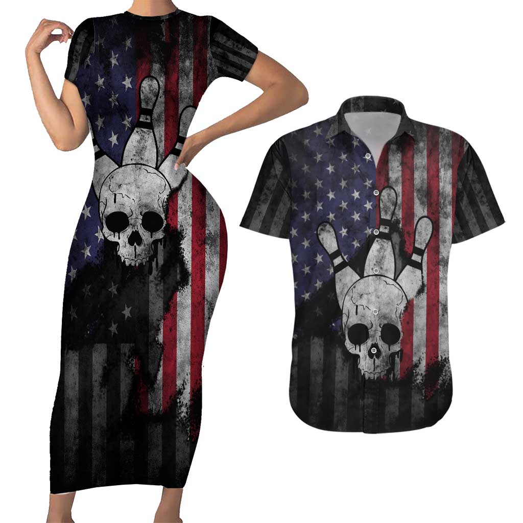 Personalized Skull Bowling Couples Matching Short Sleeve Bodycon Dress and Hawaiian Shirt Distressed American Flag in Dark Grunge Design - Wonder Print Shop
