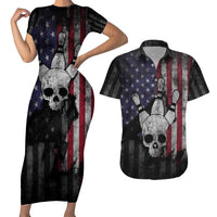 Personalized Skull Bowling Couples Matching Short Sleeve Bodycon Dress and Hawaiian Shirt Distressed American Flag in Dark Grunge Design - Wonder Print Shop