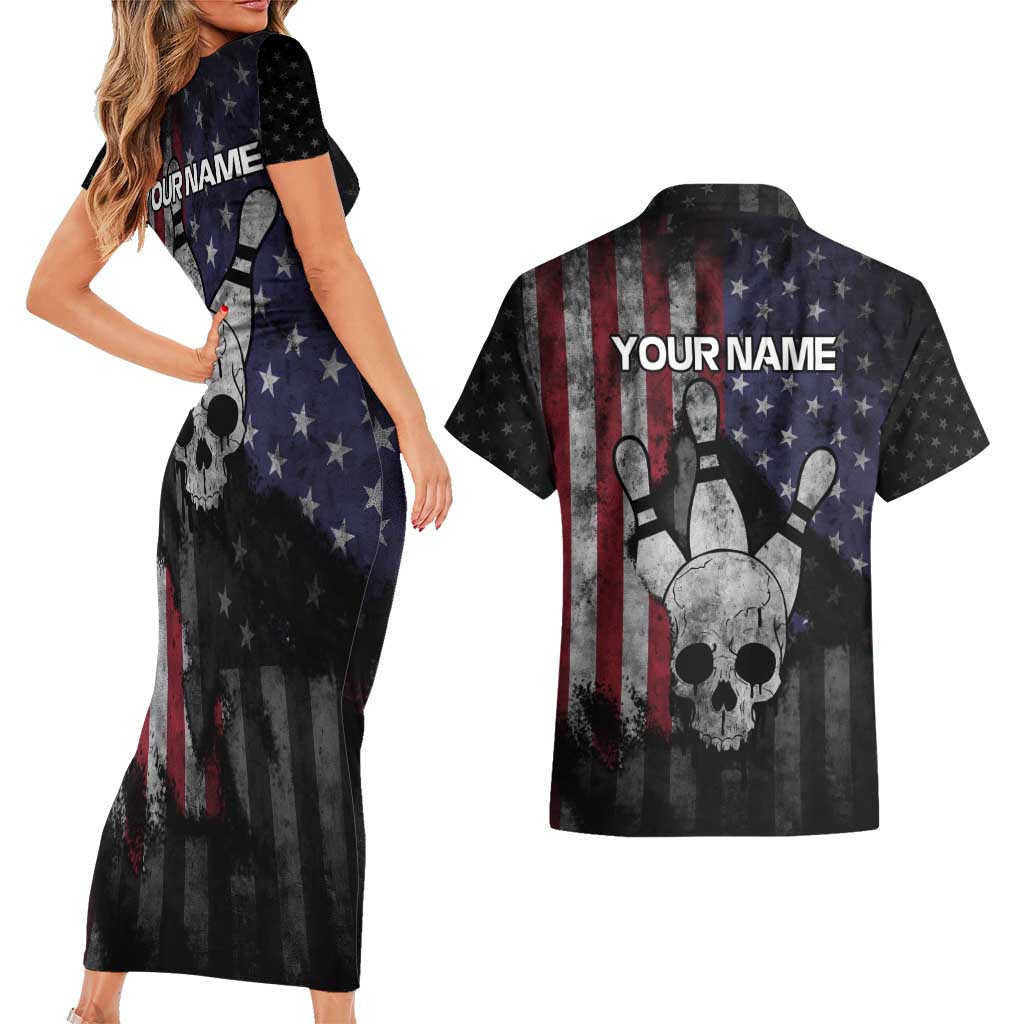 Personalized Skull Bowling Couples Matching Short Sleeve Bodycon Dress and Hawaiian Shirt Distressed American Flag in Dark Grunge Design - Wonder Print Shop