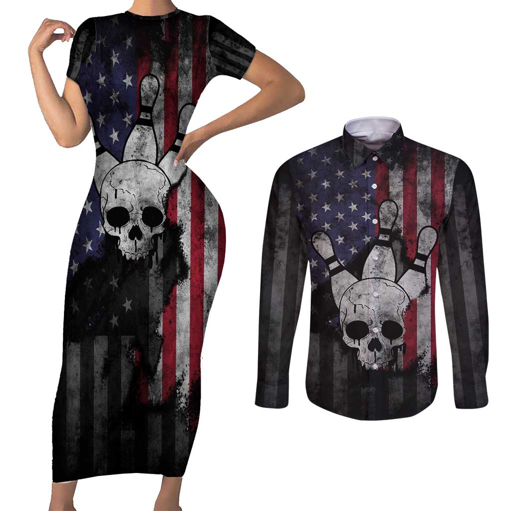 Personalized Skull Bowling Couples Matching Short Sleeve Bodycon Dress and Long Sleeve Button Shirt Distressed American Flag in Dark Grunge Design - Wonder Print Shop