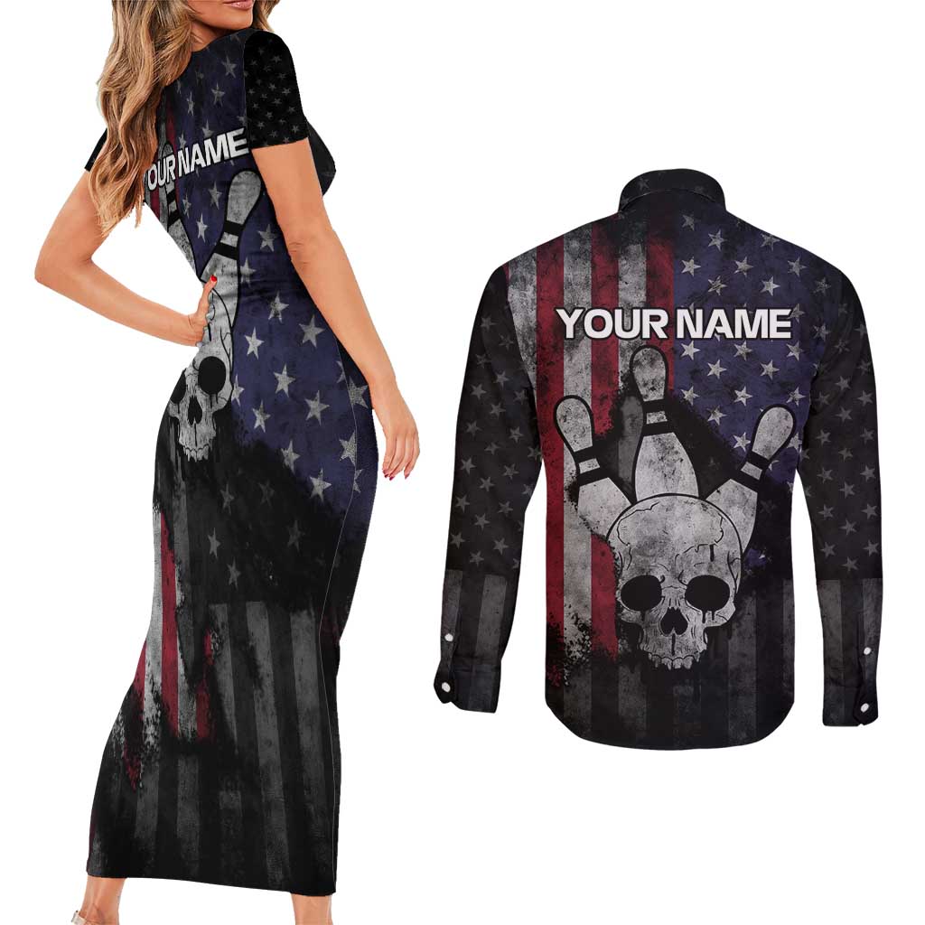 Personalized Skull Bowling Couples Matching Short Sleeve Bodycon Dress and Long Sleeve Button Shirt Distressed American Flag in Dark Grunge Design - Wonder Print Shop