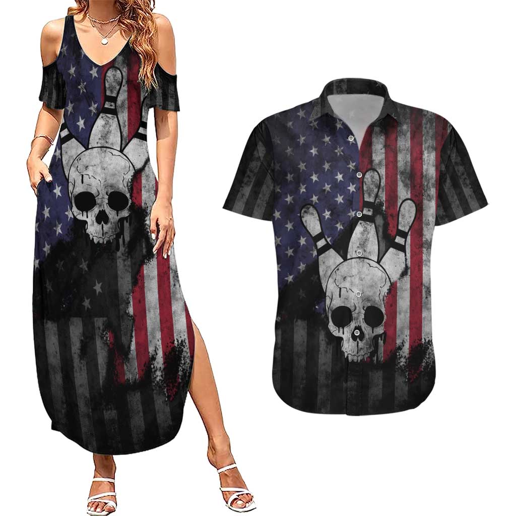Personalized Skull Bowling Couples Matching Summer Maxi Dress and Hawaiian Shirt Distressed American Flag in Dark Grunge Design - Wonder Print Shop