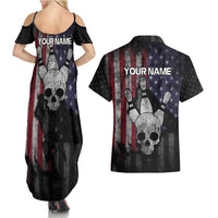 Personalized Skull Bowling Couples Matching Summer Maxi Dress and Hawaiian Shirt Distressed American Flag in Dark Grunge Design - Wonder Print Shop