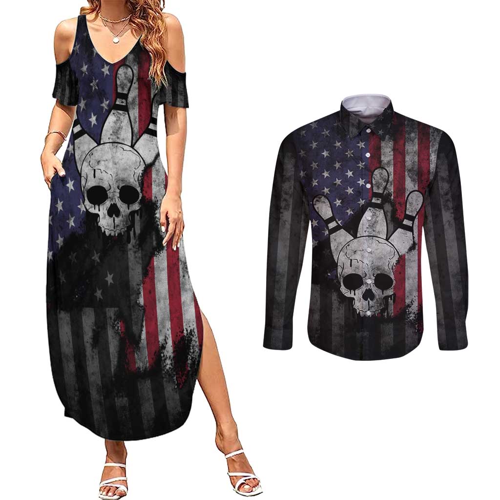 Personalized Skull Bowling Couples Matching Summer Maxi Dress and Long Sleeve Button Shirt Distressed American Flag in Dark Grunge Design - Wonder Print Shop