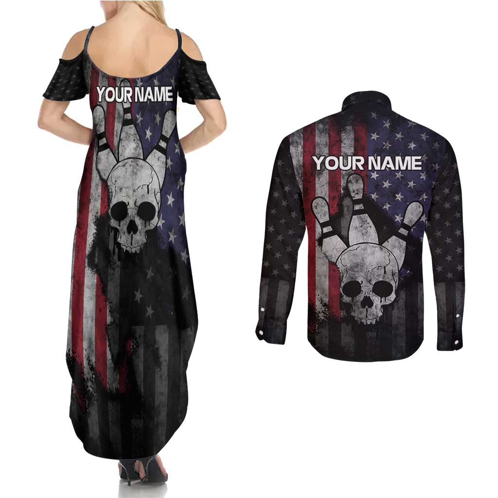 Personalized Skull Bowling Couples Matching Summer Maxi Dress and Long Sleeve Button Shirt Distressed American Flag in Dark Grunge Design - Wonder Print Shop