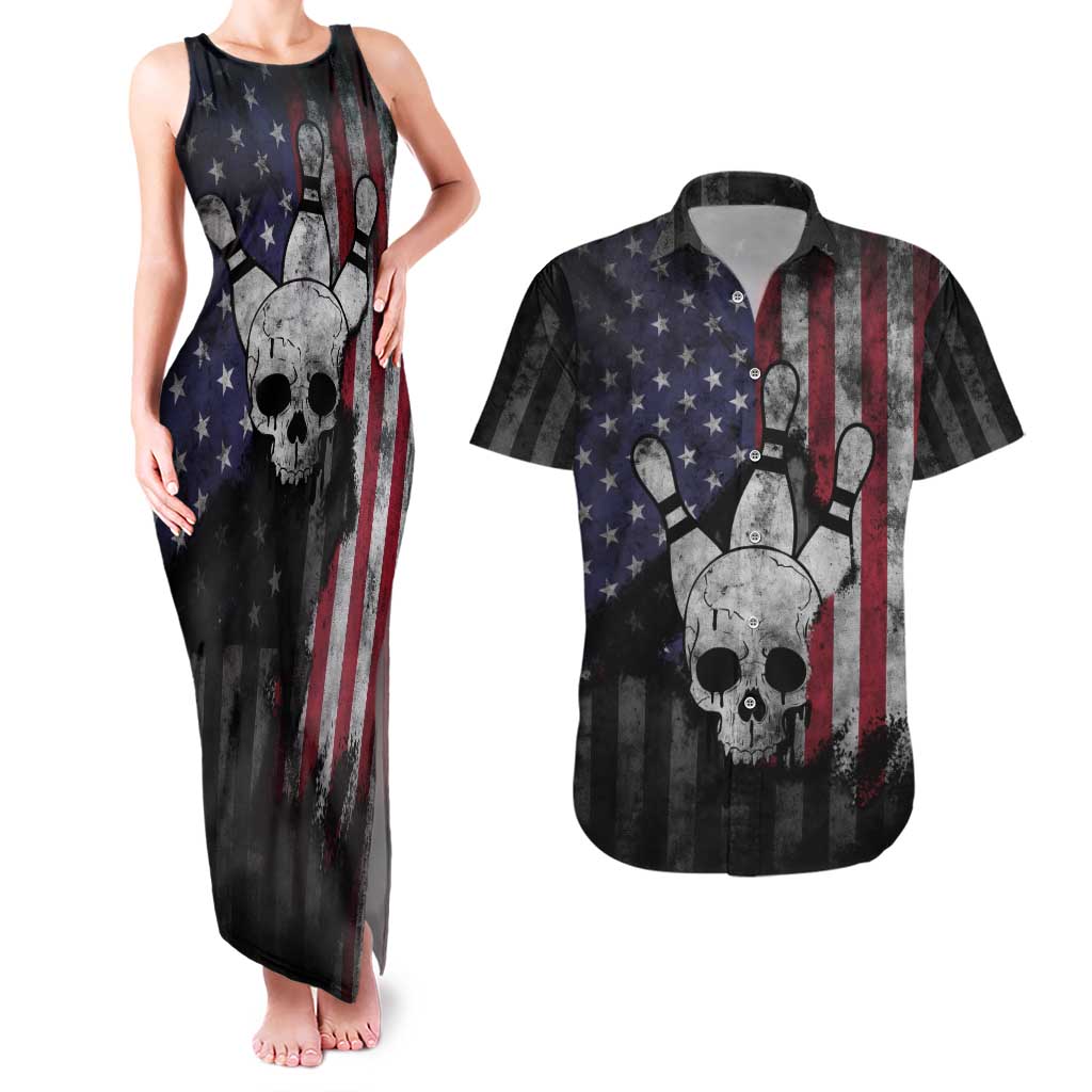 Personalized Skull Bowling Couples Matching Tank Maxi Dress and Hawaiian Shirt Distressed American Flag in Dark Grunge Design - Wonder Print Shop